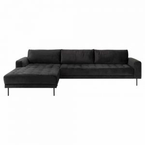 Venstrevendt rouge sofa med bred chaiselong i mørkegrå velour.